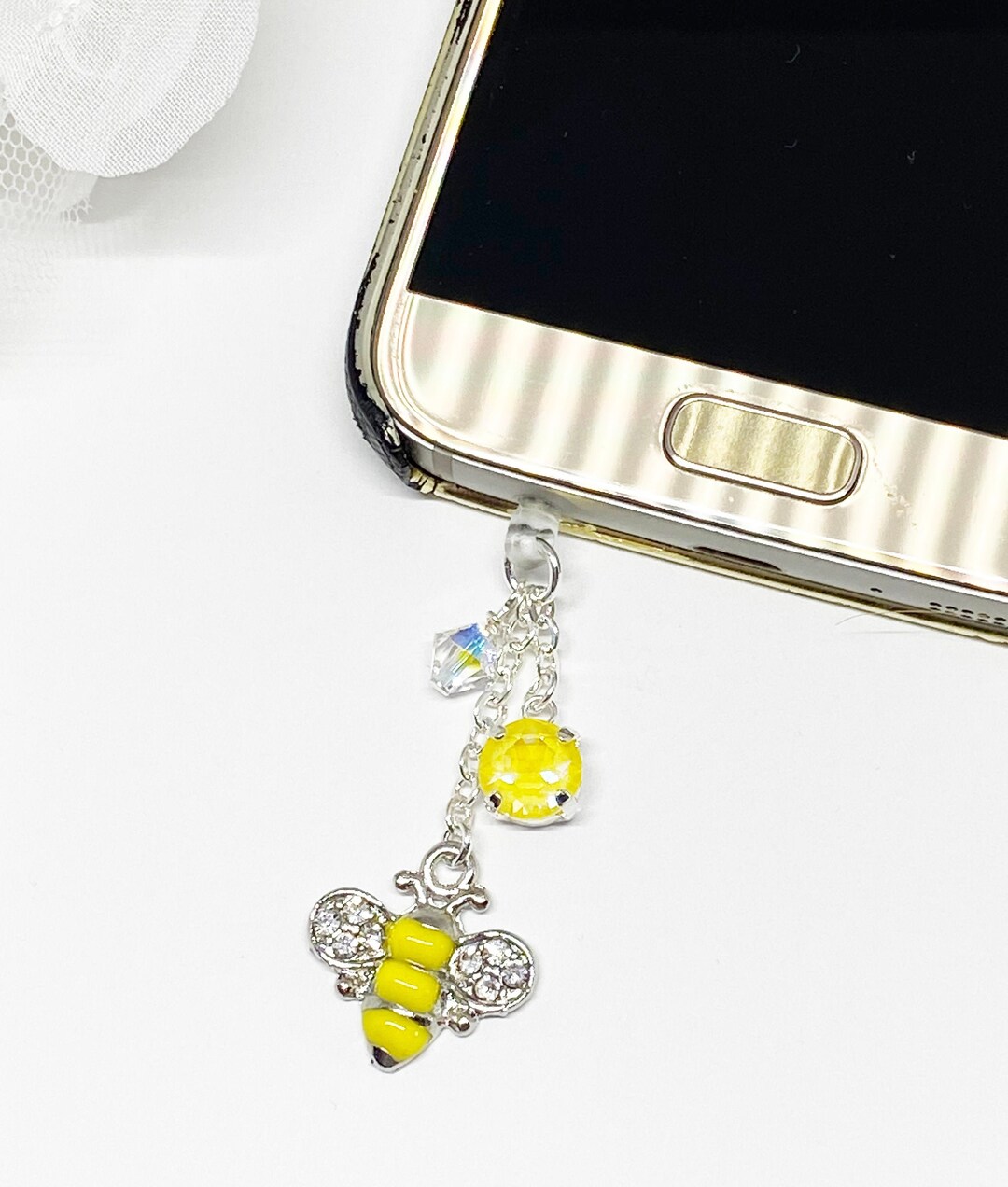 Yellow Bumblebee Cell Phone Dust Plug Charm With Swarovski Crystals