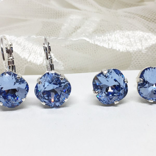 Swarovski 10mm Light Sapphire Cushion Cut Earrings;  You choose lever back or stud style, Setting color, and Swarovski crystal color