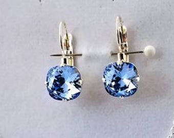 Swarovski 10mm blue square solitaire crystal Earrings, You choose your Swarovski crystals, setting color and setting style, Something Blue