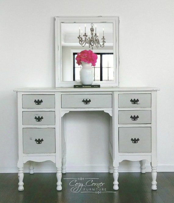 Distressed Farmhouse Desk Vanity With Mirror Refinished Antique Painted Up Cycled