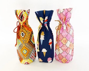 Set of Three Fabric wine bags - Colourful Fabric Gift Bag Set - Unique Gift Bags