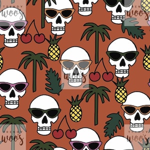 May include: A repeating pattern on a terracotta background featuring white skulls wearing various colored sunglasses, green palm trees, yellow pineapples, red cherries, and dark green leaves. The text Trendy Woo's is overlaid in several locations.