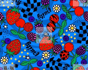 Berries Berry Strawberry Fruit Summer Retro Pastel Bright 70s 80s 90s Y2k Seamless Pattern / Fabric Design / Surface Pattern Digital Pattern