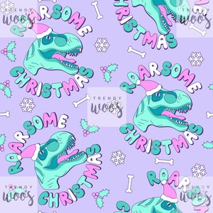 Roarsome Dinosaurier Retro Winter Herbst Weihnachtsmann Pastell Muster / Stoffdesign / Oberflächenmuster / Digitales Muster