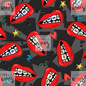 Braces Mouth Lips Teenage Girl Attitude Doodle Y2K Seamless Pattern / Fabric Design / Surface Pattern / Digital Paper / Digital Pattern