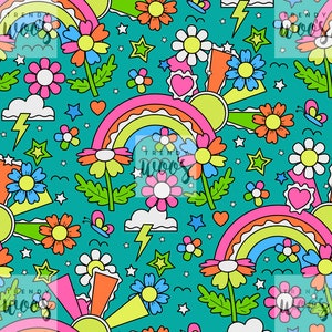 Może przedstawiać: Turkusowe tło z powtarzającym się wzorem tęcz, kwiatów, gwiazd, serc i błyskawic. Kwiaty są w różnych kolorach, w tym różowym, żółtym, pomarańczowym i niebieskim. Tęcze są w odcieniach różowego, żółtego, zielonego i niebieskiego. Gwiazdy są żółte, a serca są czerwone.