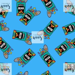 May include: A seamless pattern featuring a blue background with a repeated image of a green box with a rainbow design and the text "CRAZY BEAN" on it. The box is open and jelly beans are spilling out of it. The text "TRENDY woo's" appears in white on a black rectangle.