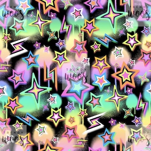 May include: A seamless pattern featuring colorful stars and lightning bolts on a black background. The stars are outlined in black and filled with various colors, including pink, blue, yellow, and green. The lightning bolts are white with black outlines. The pattern is perfect for fabric, wallpaper, or other creative projects.