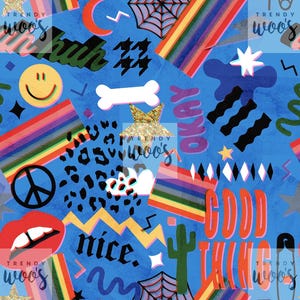 May include: A vibrant blue pattern featuring a variety of colorful graphics. Includes rainbows, a peace sign, a smiley face, lips, a bone, a star, and the words "nice," "okay," and "good things." The design has a playful, eclectic aesthetic.