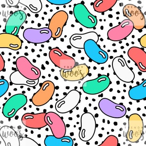 May include: A seamless pattern featuring colourful jelly bean shapes on a white background with black polka dots. The jelly beans are in various colours, including pink, blue, green, yellow, orange, and purple.