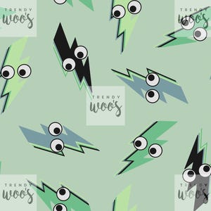 May include: A seamless pattern featuring green, blue, and black lightning bolts with googly eyes on a light green background. The text "TRENDY WOO'S" appears in the pattern.