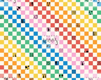 Geometric Checkerboard Diagonal Check Retro Abstract Rainbow Seamless Pattern / Fabric Design / Surface Pattern / Digital Pattern