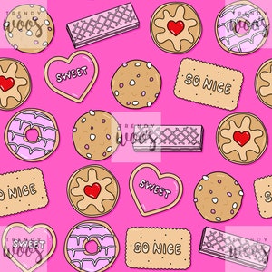 May include: A pink background with a repeating pattern of various cookies and biscuits. The cookies include heart-shaped cookies with the word "SWEET" on them, round cookies with sprinkles, and round cookies with a heart in the center. The biscuits include rectangular biscuits with the words "SO NICE" on them, and waffle-like biscuits.