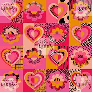 May include: A seamless pattern featuring a repeating design of pink, yellow, and orange hearts and flowers with geometric patterns on a pink, yellow, and orange background. The text "TRENDY WOOS" appears in the corners of the design.