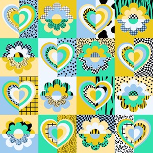 Retro Patchwork Clash 70s Floral Hearts Geometric Animal Print Green Seamless Pattern / Fabric Design / Surface Pattern / Digital Pattern