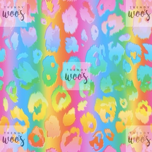 May include: A bright, multi-coloured pattern with a rainbow gradient and large, irregular leopard print spots in pink, blue, green, and yellow. The text "TRENDY woos" is overlaid in multiple places.