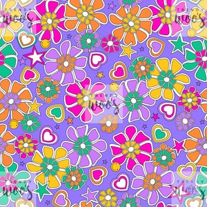 Retro Sommer Blumen Blumen 90er Jahre Dopamin Hell Lila Herz Stern Lächeln Nahtloses Muster / Stoffdesign / Oberflächenmuster / Digitales Muster