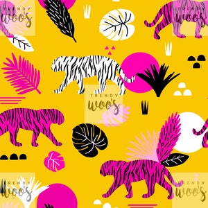 Tiger Animal Jungle Boho Bohemian Scandi Tropical Leaves Seamless Pattern / Fabric Design / Surface Pattern / Digital Pattern