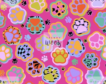 Pet Paw Prints Animal Cat Dog Geometric Multi-Coloured Fun Cute Retro Seamless Pattern / Fabric Design / Surface Pattern / Digital Pattern