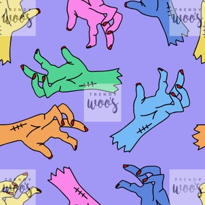May include: A seamless pattern featuring colorful zombie hands with red nail polish on a purple background. The text "TRENDY WOO'S" appears in black cursive lettering.