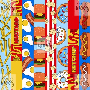 Fast Food Fries Hot Dog Burger Donut Popcorn Retro American Stripes Seamless Pattern / Fabric Design / Surface Pattern / Digital Pattern