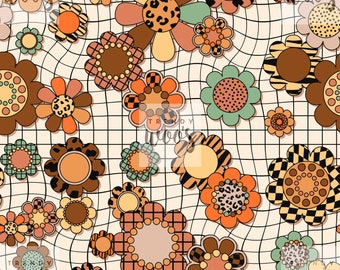 Retro bloemen jaren 70 bloemen jaren 70 vintage boho scandi gedempt geometrisch naadloos patroon / Stofontwerp / Oppervlaktepatroon / Digitaal patroon