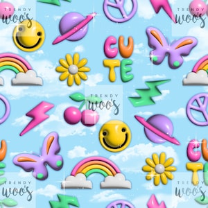 May include: A seamless pattern featuring a variety of colorful, 3D cartoon-style icons on a light blue background with white clouds. The icons include a rainbow, a peace sign, a butterfly, a cherry, a flower, a smiley face, a lightning bolt, a planet, and the word "cute".