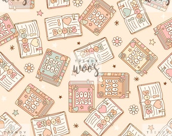 Book Babe Love Books Reading Literature Boho Muted Cute Seamless Pattern / Fabric Design / Surface Pattern / Digital Paper / Digital Pattern