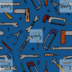 May include: A seamless pattern of various hand tools, including wrenches, saws, hammers, screwdrivers, and pliers, against a deep blue background. The tools are outlined in black with colorful accents, creating a playful and organized design.