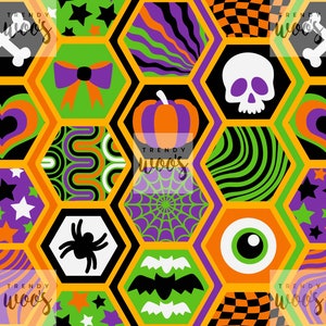 May include: A seamless pattern featuring a variety of Halloween-themed icons in a honeycomb design. The icons include a pumpkin, a skull, a spider, a bat, a bow, a heart, a bone, a spiderweb, an eye, and a checkered pattern. The icons are in various colors, including orange, black, green, purple, and white.