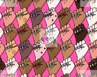 May include: A seamless pattern featuring a repeating design of raised fists with different skin tones, nail polish colors, and jewelry. The fists are all in a raised position, symbolizing strength and unity. The background is a bright pink color.