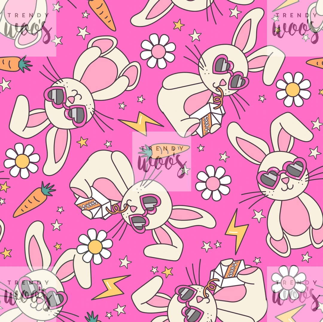 70s Cartoon Rabbit Easter Bunny Rabbit Spring Retro 70s Geometric Cute Floral Pink Girls ...