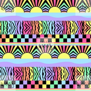 May include: A seamless pattern featuring a repeating design of colourful stripes, checkered squares, zebra print, and sunbursts. The colours are bright and vibrant, including pink, yellow, blue, green, and orange.