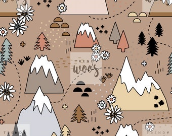 Adventure Scandi Mountain Outdoor Trees Forest Nature Floral Boho Seamless Pattern / Fabric Design / Surface Pattern / Digital Pattern
