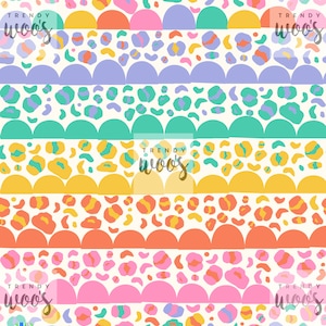 Op de afbeelding: Een kleurrijk patroon met afwisselende rijen geschulpte vormen en luipaardvlekken. Het ontwerp bevat roze, oranje, gele, groene en paarse elementen op een crèmekleurige achtergrond. De tekst "TRENDY woos" wordt herhaald.