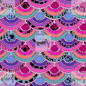 May include: A vibrant, repeating pattern featuring a scale-like design. The pattern incorporates a variety of colors, including pink, purple, blue, orange, and teal. Some scales have animal print details, such as leopard and zebra patterns, adding texture and visual interest.