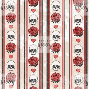 May include: A seamless pattern featuring alternating vertical stripes of red, black, and beige.  The pattern is decorated with white skulls, red roses, and red hearts.