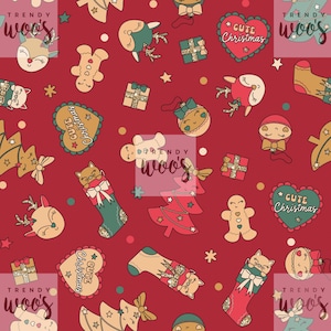 May include: A red background with a repeating pattern of Christmas-themed illustrations. The illustrations include a gingerbread man, a Christmas tree, a stocking, a cat, a bird, a present, a heart-shaped cookie, and a star. The text "Cute Christmas" appears in a heart-shaped cookie.