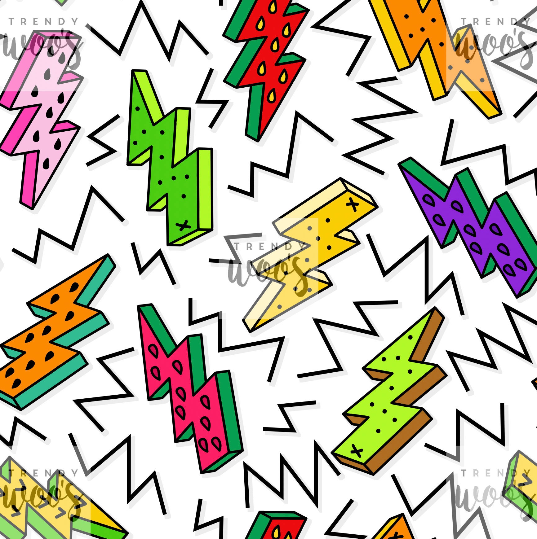 Lightning Bolts Tropical Fruit Summer Retro 80s 90s Rainbow Bright