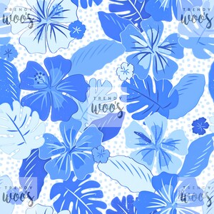 Tropical Floral Exotic Flower Monstera Summer Beach Pretty Blue Boho Seamless Pattern / Fabric Design / Surface Pattern / Digital