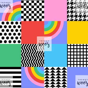 May include: A colorful geometric pattern with black and white squares, polka dots, stripes, zigzags, and triangles. The pattern is divided into nine squares, with a rainbow arc in each of the top, middle, and bottom squares. The text "TRENDY woo's" appears in the top left, top right, bottom left, and bottom right squares.