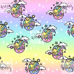 May include: A seamless pattern featuring a pastel rainbow gradient background with white stars and clouds. The pattern is repeated with a cartoon illustration of a dripping egg with the text "dream egg" in rainbow colours.
