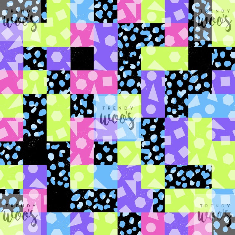 Memphis Geometric Spots Check Retro 90s Neon Seamless Pattern / Fabric ...
