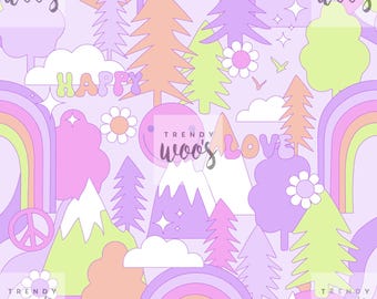Mountains Outdoor Adventure Forest Hippie Dopamine Psychedelic Pastel Seamless Pattern / Fabric Design / Surface Pattern / Digital Pattern