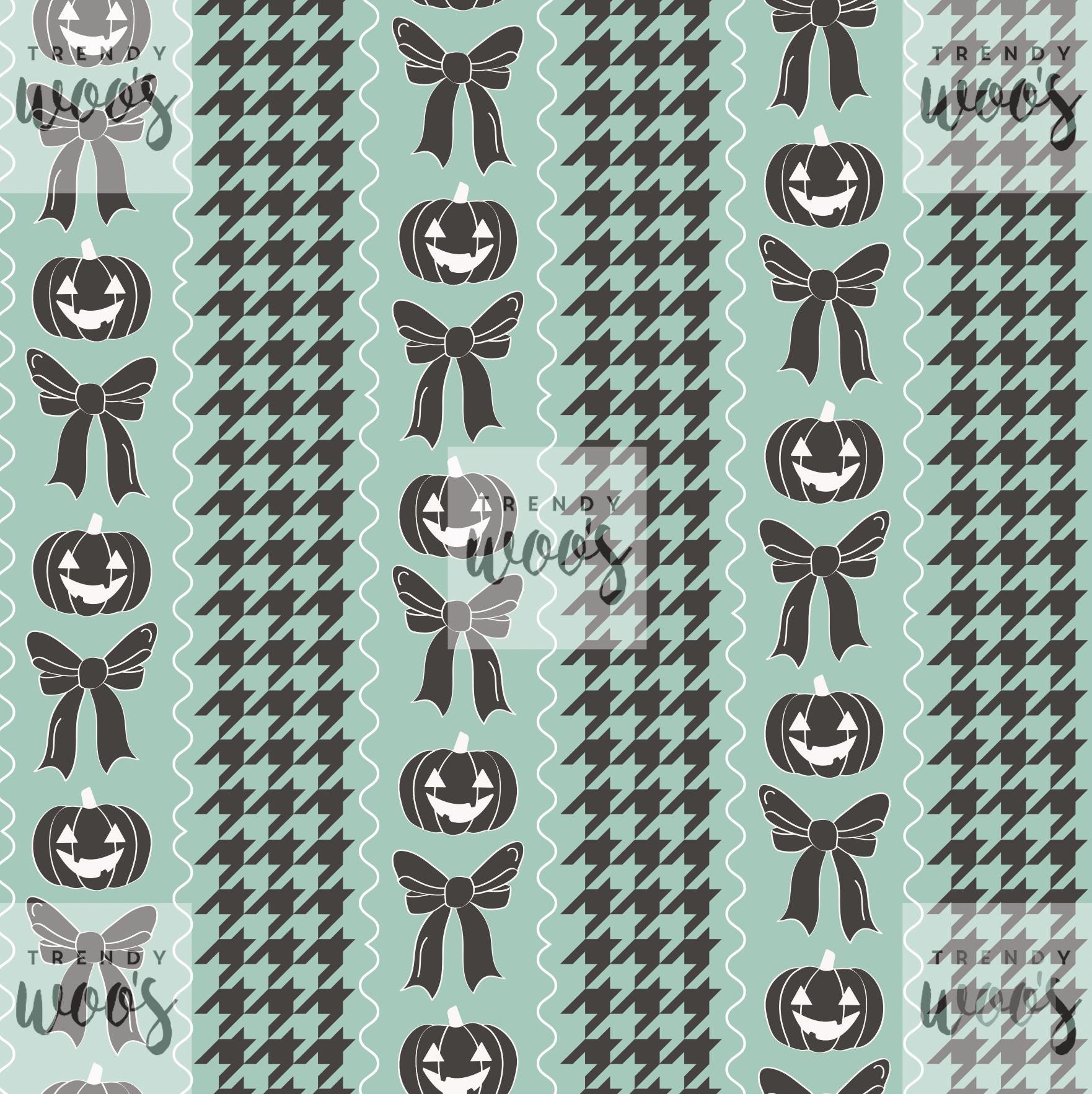 Halloween Dogtooth Preppy Bow Pumpkin Retro Vintage Stripes Mint Green Seamless Pattern / Fabric Design / Surface Pattern / Digital Pattern
