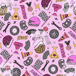 May include: A pink seamless pattern featuring racing-themed illustrations. The design includes checkered flags, racing helmets, trophies, wrenches, and road segments. Accents include stars, lightning bolts, and text like "VAROOM!" and "ROAR!"