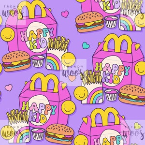 Fast Food Fries Burger Retro Fun Kid Children Pastel Kawaii Girl Pink Seamless Pattern / Fabric Design / Surface Pattern / Digital Pattern