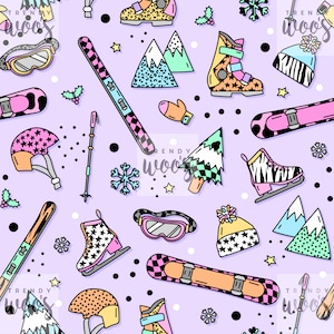 May include: A seamless pattern featuring a variety of winter sports equipment, including skis, ski boots, snowboards, and a ski helmet. The pattern is set against a light purple background with white polka dots and stars. The design is in a retro style with bright colours and bold lines.