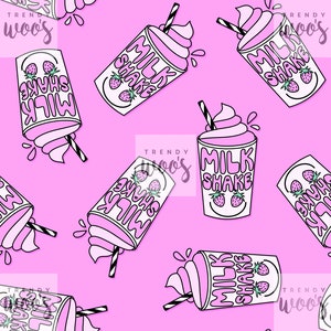May include: A seamless pattern featuring pink and white milk shake cups with a strawberry design and the text "MILK SHAKE" on a pink background.