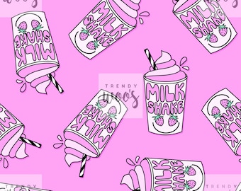 Milkshake Strawberry Retro Fast Food Pink Girl Drink 80s 90s Y2k Seamless Pattern / Fabric Design / Surface Pattern / Digital Pattern